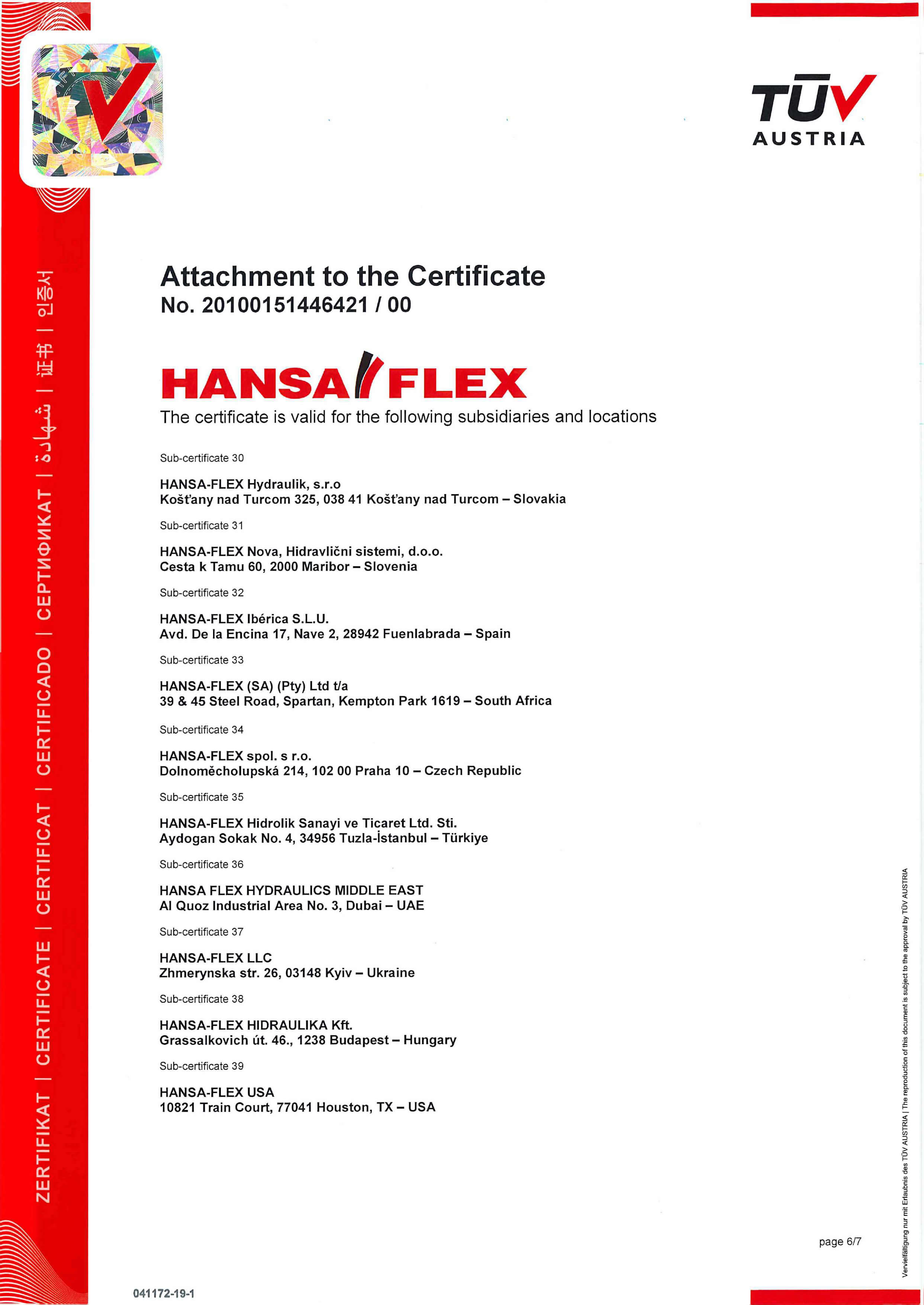 Certificate ISO 9001 Hansa-Flex
